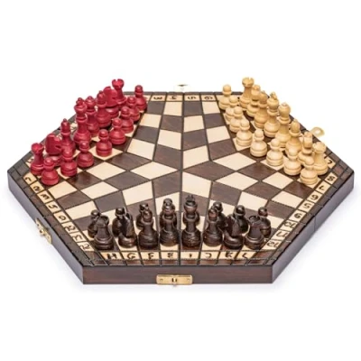 Imagen de Husaria Ajedrez de Madera para Tres Jugadores 32 centimetros con Tablero Plegable, Piezas Juego Hechas a Mano y Almacenamiento Forrado Fieltro