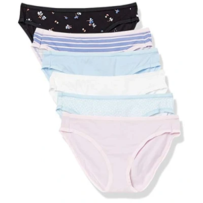 Imagen de Amazon Essentials Braguita de Bikini algodón (Disponible en Tallas Grandes) Mujer, Pack 6, Azul/Blanco/Floral Pequeño/Negro Floral/Rayas/Rosa Claro, 48