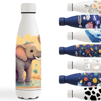 Imagen de Botella Agua Acero Inoxidable 500ml, Cantimplora Inoxidable, Fácil de Transportar, Personalizada, a Prueba Fugas, Infantil para la Escuela, Viajar, Blanco Elefante