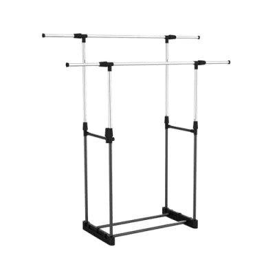 Imagen de O91 Perchero de Pie Burro Doble con Zapatero Plateado Extensible y Ajustable para Ropa Tubería Industrial Vestidor, Recibidor Dormitorio 172x41x157cm