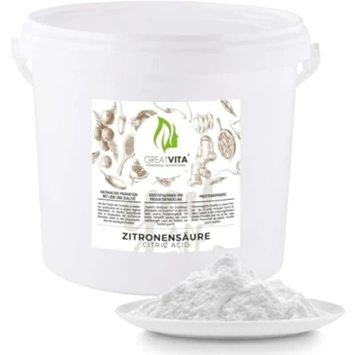 Imagen de GreatVita ácido cítrico monohidrato polvo 5 kg grado alimenticio, puro E330 libre de OGM, acidulante, ideal para descalcificar, limpiar, hornear, cocinar