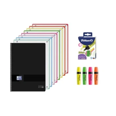 Imagen de Oxford, Cuaderno A4, 8 Bandas de Color, 160 Hojas Microperforadas 5x5, Tapa Plástico en Negro, Incluye 4 Subrayadores Pelikan Colores Neón