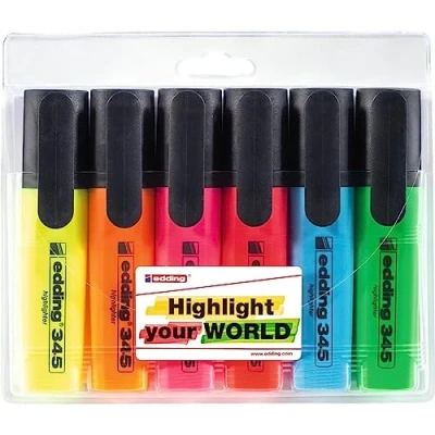 Imagen de edding 345 marcador fluorescente juego de 6 punta biselada 2 5 mm ideal para hacer marcas brillantes y resaltar pasajes texto notas
