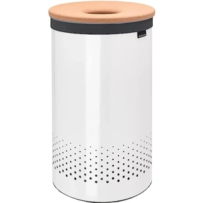 Imagen de Brabantia Cubo de la ropa sucia Tapa corcho Bolsa portátil para en el interior Apertura rápida Orificios ventilación Fondo que no se raya Blanco 60L