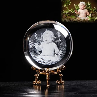 Imagen de xingfa bola de fotos cristal personalizada, grabada con láser 2D base, foto regalos personalizados para él y ella cumpleaños (con base dorada,