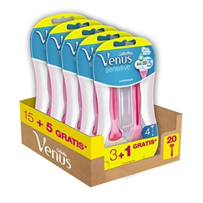 Imagen de Gillette Venus Sensitive cuchillas de afeitar para mujer, 3 + 1, paquete 20 (3 cuchillas), afeitado liso con tira hidratante desechable Gillette, idea regalo