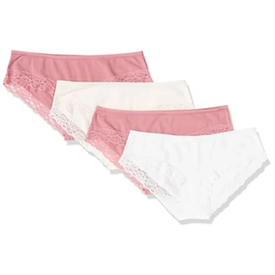 Imagen de Amazon Essentials Braga Hípster de Algodón y Encaje Mujer, Pack 4, Blanco Brillante/Malva/Rosa Pálido, 38