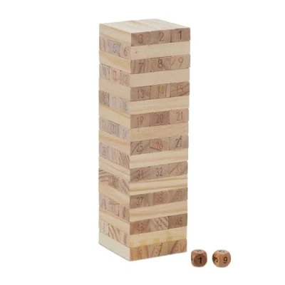 Imagen de Relaxdays Juego Torre de Madera, 51 Bloques para Apilar con Números, 26x7,5x7,5 cm, Incluye Dados, Niños, Natural