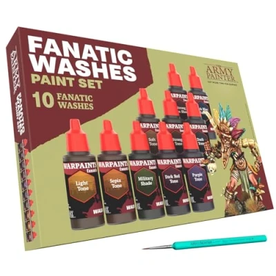 Imagen de The Army Painter Warpaints Fanatic: Washes Set Combo, Conjunto de 10 Pinturas Acrílicas en Botellas con Gotero 18ml para Lavar y Sombrear Modelos Miniatura, Más 1 Pincel Imprimación Gratis