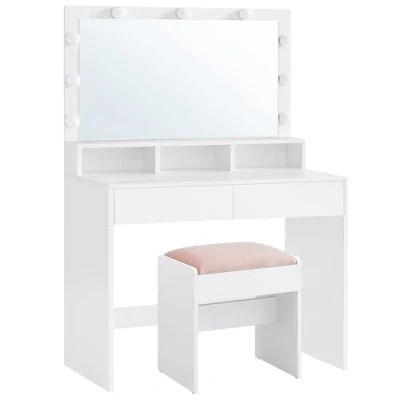 Imagen de VASAGLE Tocador con 2 Cajones, 3 Compartimentos Abiertos e Iluminación LED, Taburete de Maquillaje Terciopelo, Luminosidad Regulable, Moderno, Blanco, Blanco Mate y Rosa Jalea RDT720W01