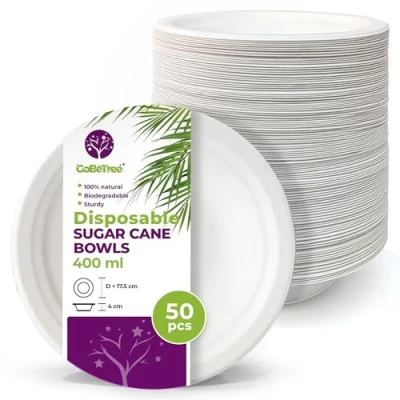 Imagen de 50 Cuencos Desechables Papel de caña azúcar 400 ml. Vajilla desechable Biodegradable extrafuerte Color Blanco. para Fiestas y desayunos. bagazo