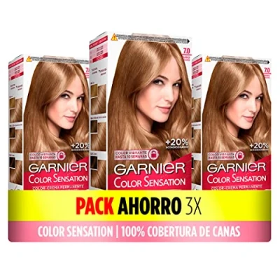 Imagen de Pack de 3 Cajas Coloración Color Sensation Garnier: Vivo y Duradero, Cobertura Completa Canas, con Bol Pincel, Cabello Suave Sedoso, 7.0 Rubio