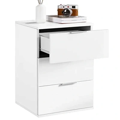 Imagen de BAKAJI Mesilla de Noche con 3 cajones diseño Moderno Madera, ingeniería Metal, White, cassetti Bianco