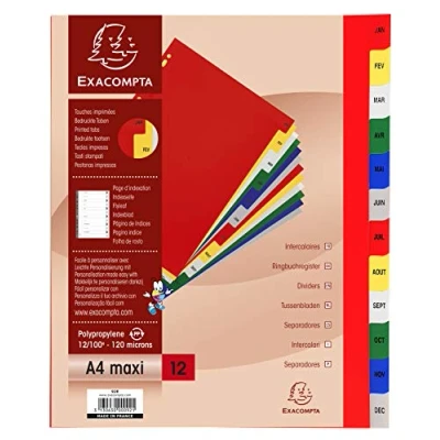 Imagen de Exacompta 92E Separadores de polipropileno con 12 pestañas impresos mensualmente enero a diciembre color Ficha imprimible Formato archivo A4 maxi
