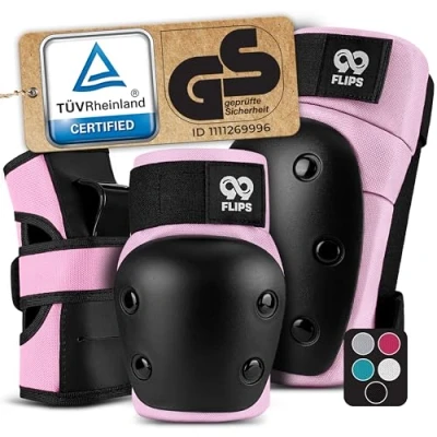 Imagen de 99FLIPS Protecciones patines adulto y Jóvenes Skate Set 4 ruedas como Equipo de Protección Skateboard en linea DIVE Talla M Rosa