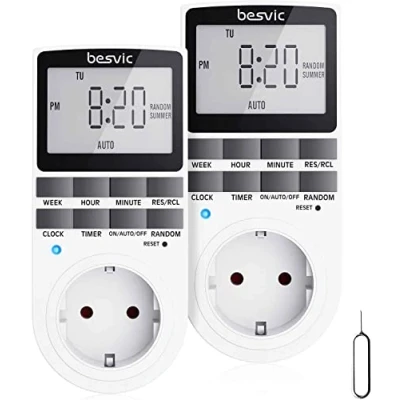 Imagen de Temporizador Enchufe, Besvic 3680W Programador Enchufe Digital con Pantalla LCD Grande, 10 Programas Diarios y Modo Antirrobo, Programable Ahorro Tiempo Energía (2 Pack)