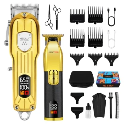 Imagen de HIENA PRO Kit de recortador pelo para hombre, cortapelos y barba, juego profesional peluquería (dorado negro)