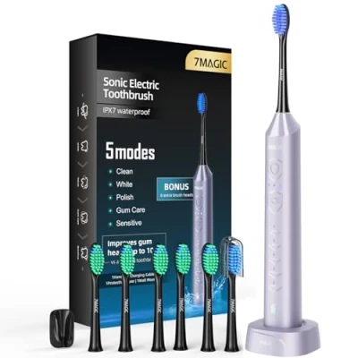 Imagen de Cepillo de Dientes Eléctrico, Cepillos Eléctricos Sónicos, Electrico 3 Intensidades, 5 Modos, 40000VPM, IPX7, Autonomía 90 Días y Temporizador, Azul Claro