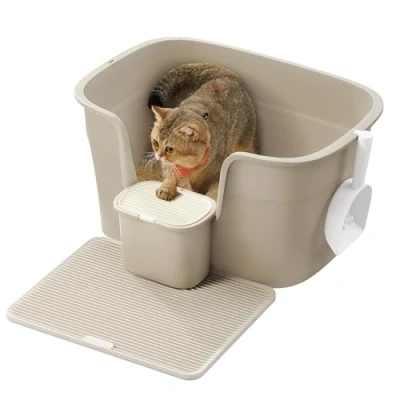 Imagen de Feandrea Caja de Arena para Gatos, Arenero Extra Grande con Laterales Ocultos, Incluye Tabla Recogedora Arena, Almacenamiento, Pala, Gatos Grandes, Beige Capuchino PPT003K01
