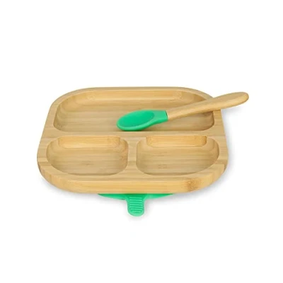 Imagen de BIOZOYG Juego de platos bambú cuadrados I plato con ventosa y cuchara certificado FSC madera p. niños cuenco para vajilla bebés cuadrada verde