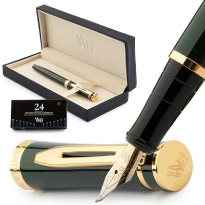 Imagen de Wordsworth &amp; Black Juego de Pluma Estilográfica, Punta Curva, Incluye 24 Cartuchos Tinta, Convertidor Recarga Tinta y Caja Regalo[Verde Racing] Perfecto para Hombres Mujeres