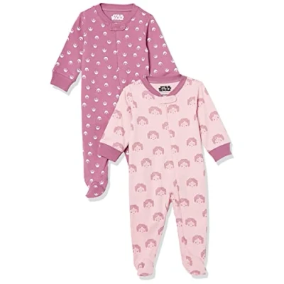 Imagen de Amazon Essentials Disney Marvel Star Wars Pelele de algodón con pies colores interrumpidos Unisex Bebés, Pack 2, Rosa, Tiny Rebel, Prematuro