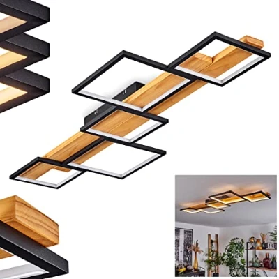 Imagen de lámpara de techo LED Pompu, metal/madera/plástico en negro/naturaleza/blanco, regulable, 4500 lúmenes, 3000 K, 37 vatios