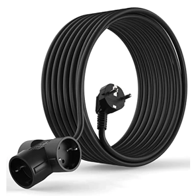 Imagen de MutecPower 7.5 Metros Cable alargador de Corriente Electrico con 3 enchufes Schuko protección Contacto en ángulo 90 250V 50Hz 16A eléctrico para interiors IP20 7.5m Negro