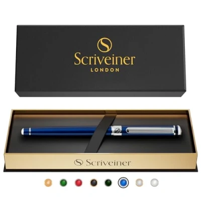 Imagen de Scriveiner Bolígrafo Midnight Blue, Magnífico Roller Deluxe Cromado Azul Oscuro Noche, Recambio Tinta Schmidt, Perfecto para Regalar a Hombres, Mujeres y Ejecutivos