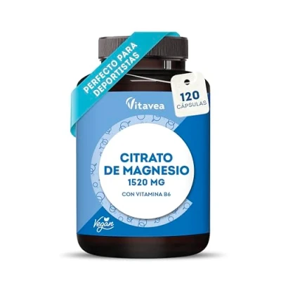 Imagen de citrato de magnesio 120 cápsulas vegetales 1524 mg por dosis diaria Ideal para deportistas Función muscular, nervios y energía Con vitamina B6 Testado en laboratorio