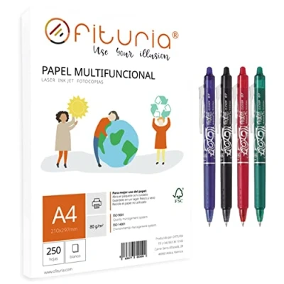 Imagen de Paquete de folios A4 80gr con 250 Hojas Blancas, Papel Multifuncional Uso Escolar y Entornos Laborales. Ideal impresoras láser o inyección+ 4 Pilot Frixion(negro/rosa/violeta/azul claro)