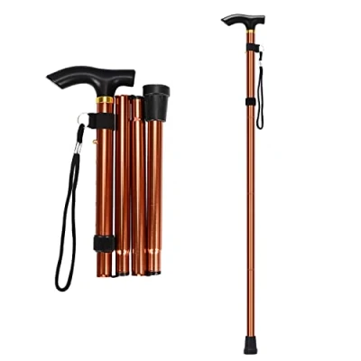 Imagen de supregear Bastón Plegable, 5 Niveles Altura Ajustable Ligero Portátil de Viaje con Pulsera y Mango en T para Hombres Mujeres Discapacidad Edad Avanzada (Caqui)