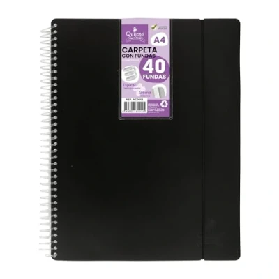 Imagen de Quijote Paper World Carpeta Espiral Flexible Organizadores, con 40 fundas, transparentes lisas, A4, tapa de plástico resistente. Uso oficina, escolar, personal Color NEGRO.
