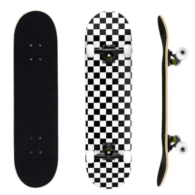 Imagen de ERNAN Skateboard,Monopatín Completo Profesional de 31 x 8 Pulgadas,7 Capas Monopatín Madera Arce con Rodamiento ABEC 7 para Niño Niña/Adulto Principiante. Skateboard. (Black and White)