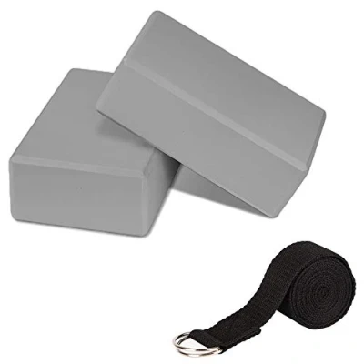 Imagen de PUDSIRN Juego de 2 Bloques Yoga Alta Densidad EVA Antideslizantes con Correa Yoga, Anillo en D Metal para Mejorar el Equilibrio y la flexibilidad Pilates, meditación