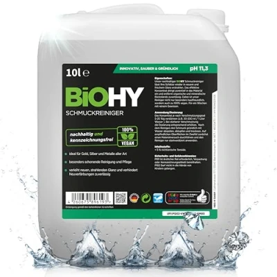 Imagen de BiOHY Limpiador de joyas (Bidón 10 litros) Fórmula brillo activo Limpieza sostenible y suave para relojes, gafas, metales preciosos (Schmuckreiniger)