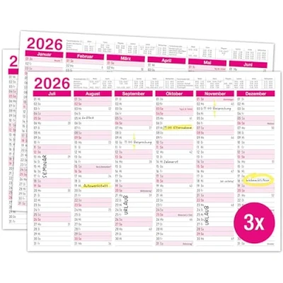 Imagen de TOBJA calendario anual 2025, DIN A4, color rosa, juego de 3, pared y mesa, ideal para salón belleza peluquería, con vacaciones escolares, A4 (3 unidades