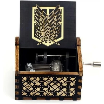 Imagen de Attack on Titan Caja de música madera con manivela grabada, vintage, para cumpleaños, Halloween, Navidad, San Valentín