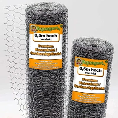 Imagen de Aquagart malla de alambre 20 m, hexagonal galvanizada, valla para gallinas, conejos, fina 25 mm x mm, 0,9 50 cm alto