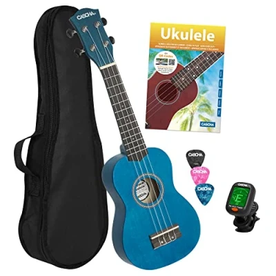 Imagen de CASCHA juego de ukelele soprano para niños y adultos, kit inicio con 3 púas, libro texto, videos educativos sobre afinador código QR, cuerdas nailon, guitarra pequeña hawaiana,