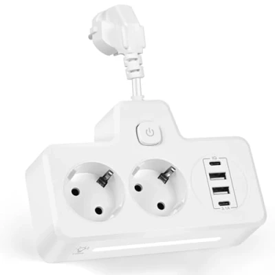 Imagen de LustLocke Regletas Enchufes USB C, Ladron con 2 Tomas, Puertos A y Enchufe Alargador Multiple Pared Cable Corto Regleta, Compacta para Oficina, Hogar Viajes (Blanco)