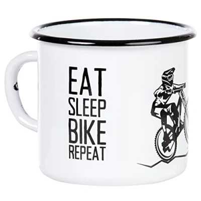 Imagen de MUGSY Taza esmaltada con texto en inglés «Eat Sleep Bike Repeat», color blanco, 330 ml, diseño de bicicleta montaña
