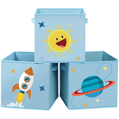 Imagen de SONGMICS Cajas de Almacenaje, Juego 3, Organizadoras Juguetes, Cubos Plegables con Asas, para Habitación Niños, Sala Juegos, 30 x cm, Tema del Espacio, Azul RFB001B03