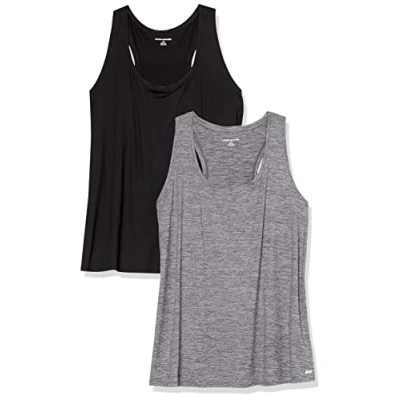 Imagen de Amazon Essentials Camiseta Técnica con Espalda Deportiva en Tejido Elástico (Disponible Tallas Grandes) Mujer, Pack de 2, Gris Oscuro Teñido Multicolor/Negro, S