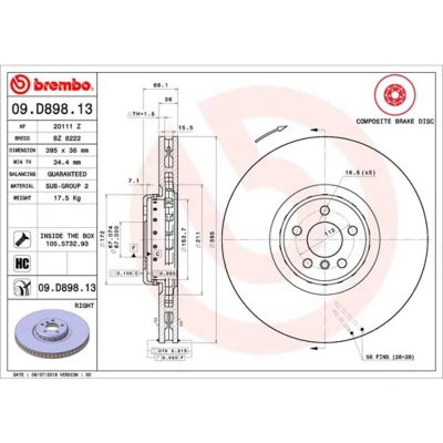 Imagen de BREMBO 09.D898.13 disco de freno 395 36 5 dos piezas, ventilación interna revestido altamente carbonizado con tornillos BMW: 7, X5
