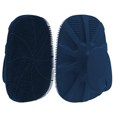 Imagen de HieerBus Cepillo de ducha plano silicona, exfoliante suave y masaje, espuma bien más higiénico que la lufa tradicional (Azul Oscuro)