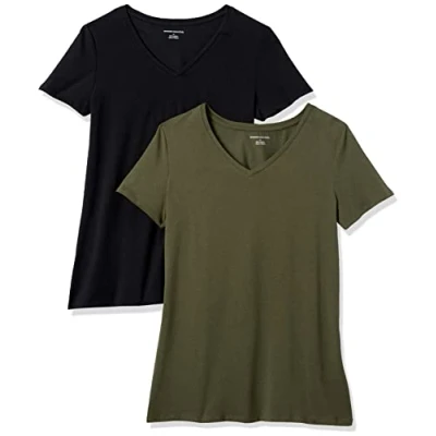Imagen de Amazon Essentials Camiseta de Cuello en v Manga Corta y Ajuste Clásico Mujer, Pack 2, Verde Oliva/Negro, XXL