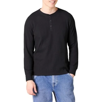 Imagen de Amazon Essentials Camisa Henley de Panal Abeja Manga Larga con Ajuste Entallado Hombre, Negro, M