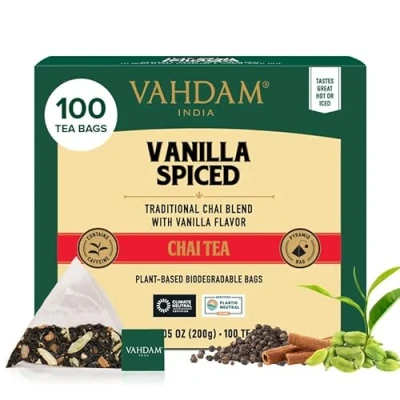 Imagen de VAHDAM, Vanilla Spiced Chai Té (100 Piramidales Bolsitas De Té) Masala Bolsa Con Especias 100% Pura Y Natural Caliente, Frío O Como Kombucha
