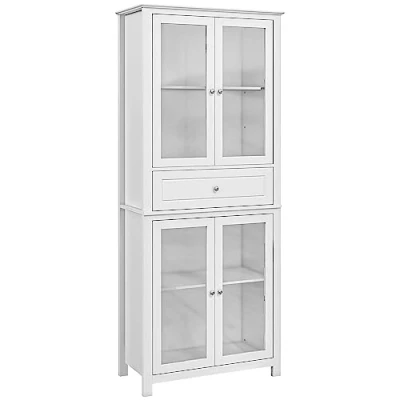 Imagen de HOMCOM Alacena de Cocina Mueble Vitrina con 4 Puertas Vidrio Templado Cajón y Estantes Ajustables para Salón Comedor 74x35,5x181,5 cm Blanco